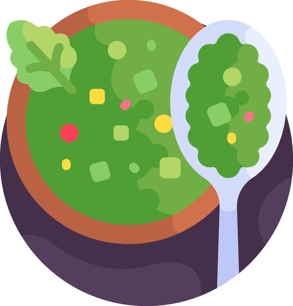 A bowl of green soup with a spoon vector