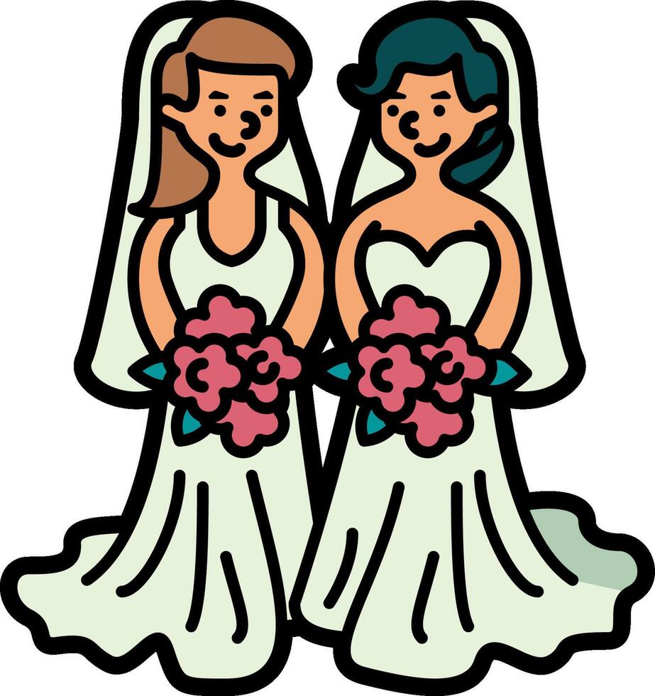 Two women in wedding dresses holding bouquets vector