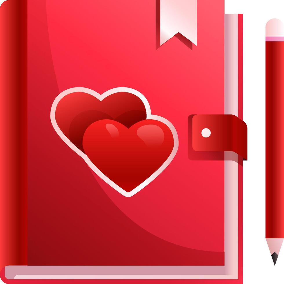 A red notebook with two hearts and a pencil vector