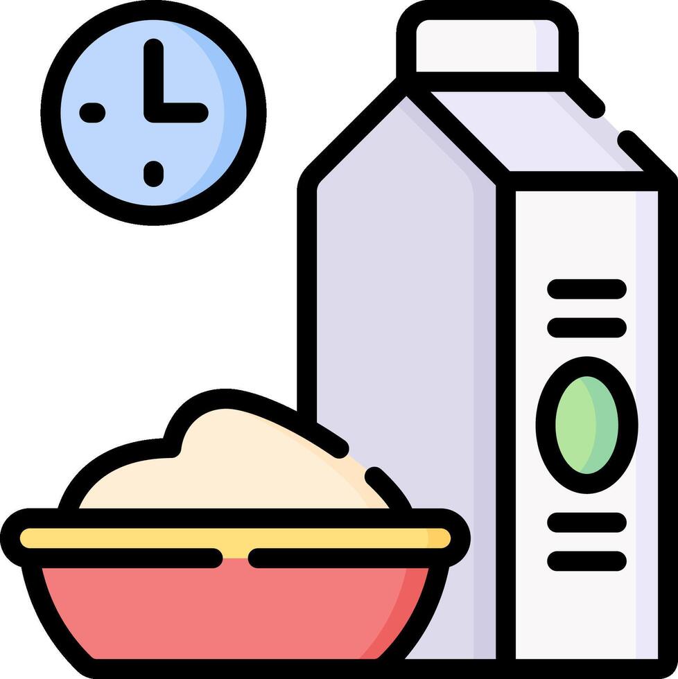 A milk bottle and bowl next to a clock vector