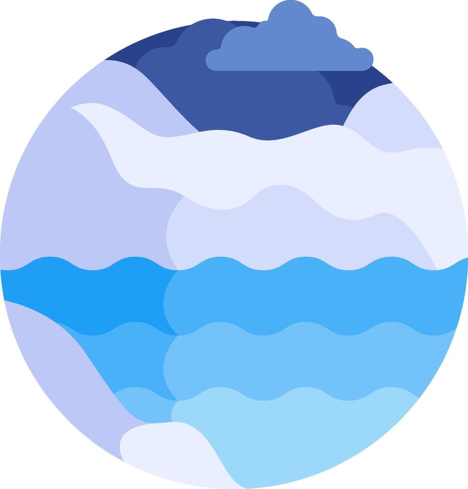 A blue and white circle with a mountain and a cloud vector