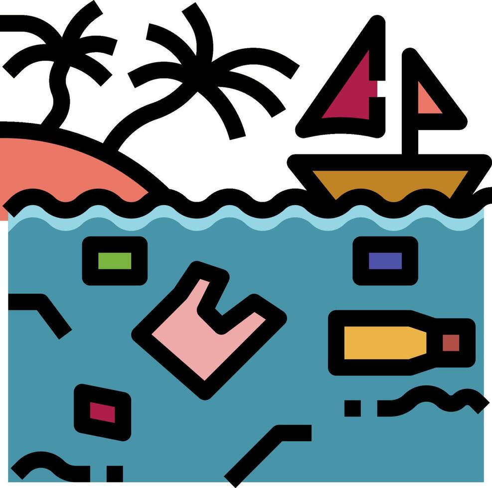 A cartoon image of a boat and a beach with trash vector