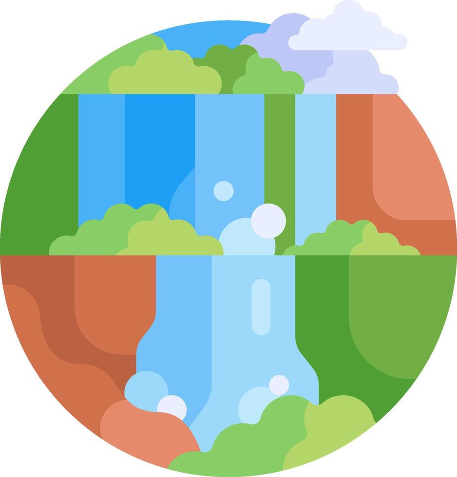A flat illustration of a waterfall and clouds vector