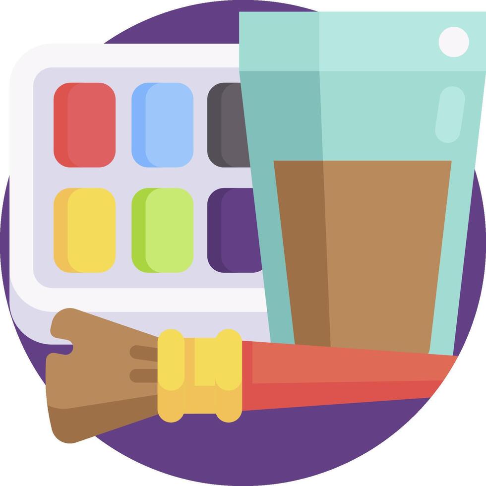 A paint brush and a cup of paint next to a palette vector