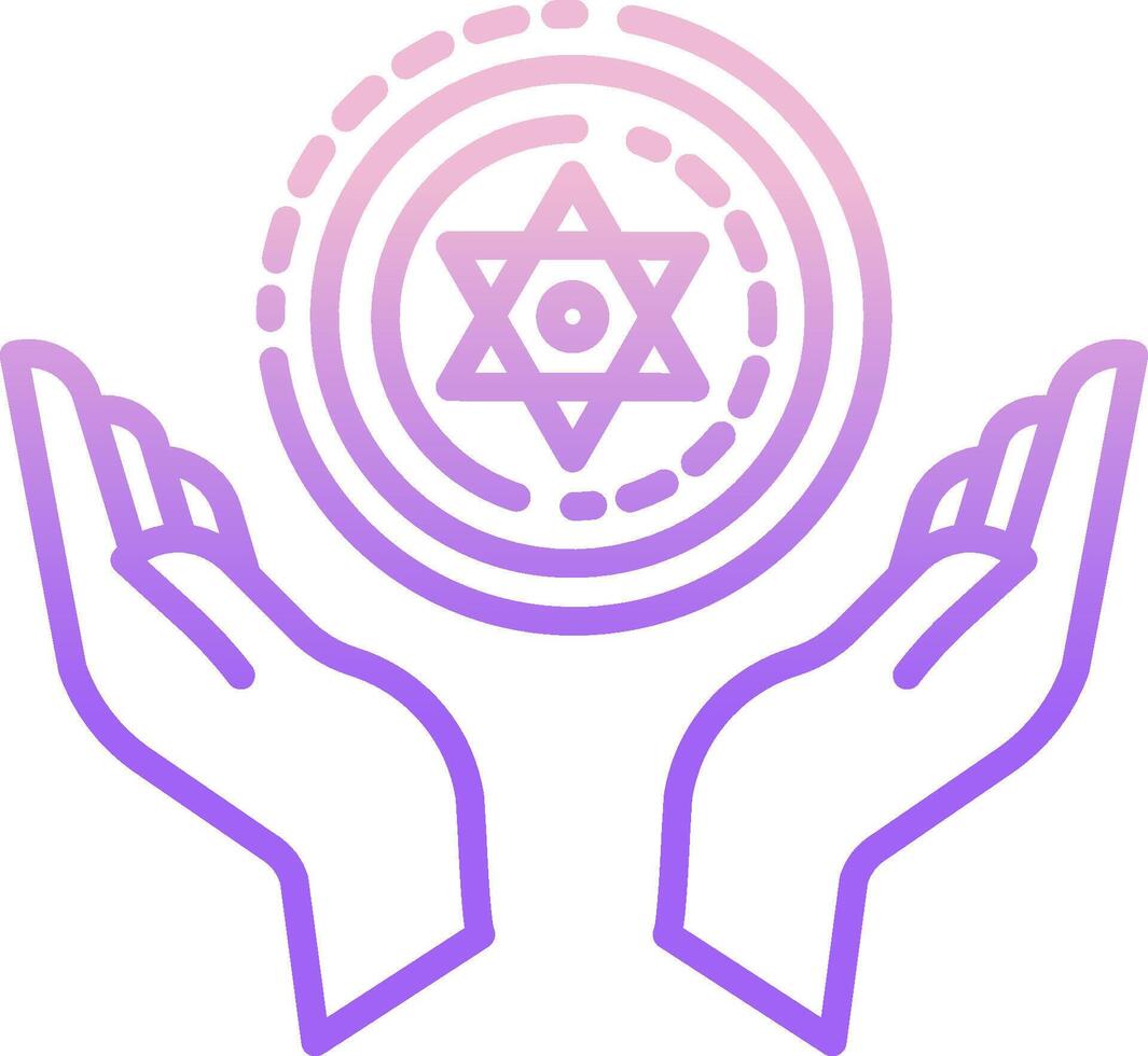 A purple and pink icon of hands holding a star of david vector