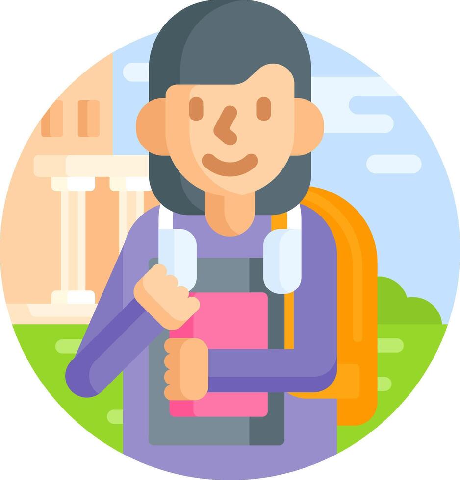 A woman with a backpack holding a tablet vector