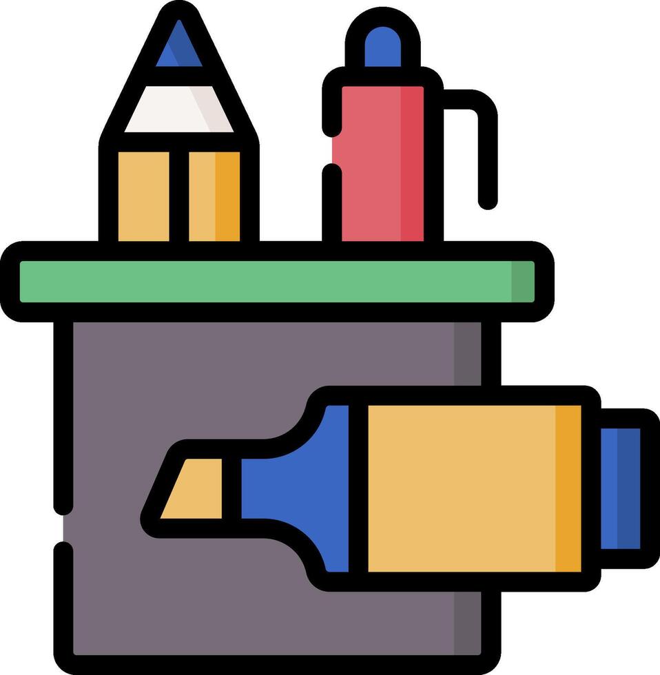 A drawing table with pencils and a pen vector