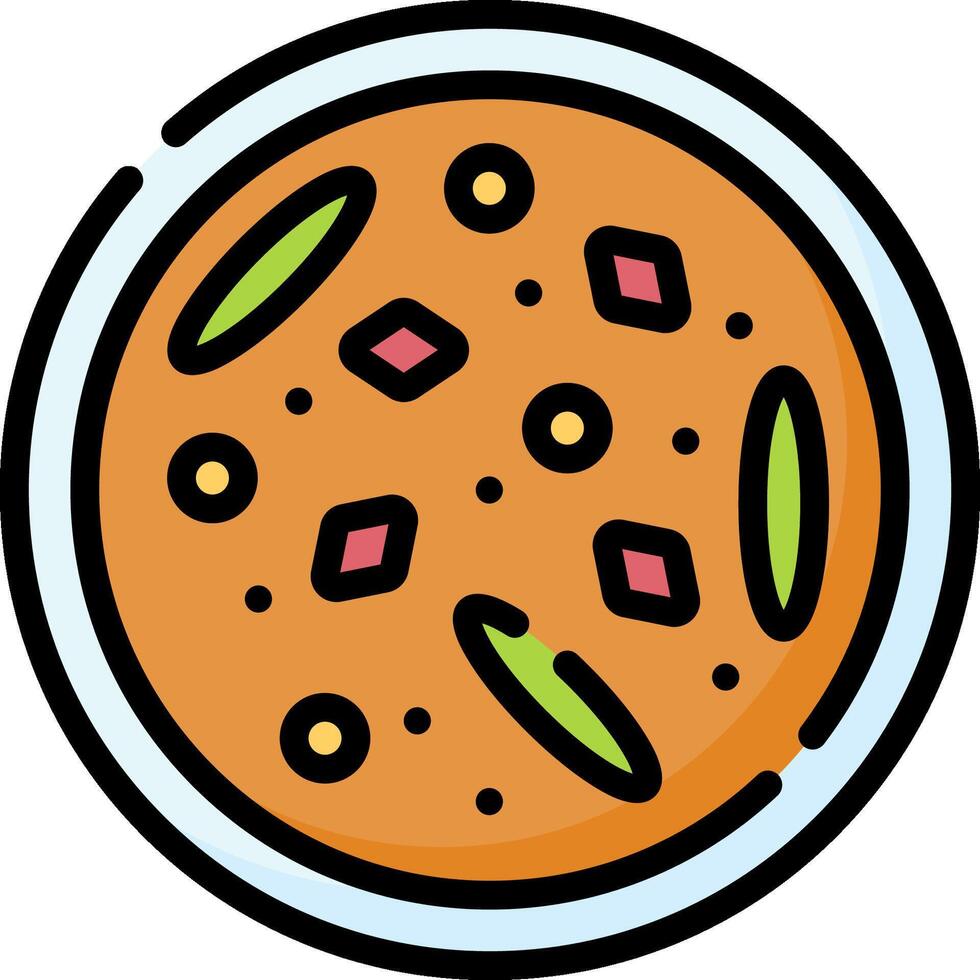 A bowl of soup with vegetables and meat on it vector