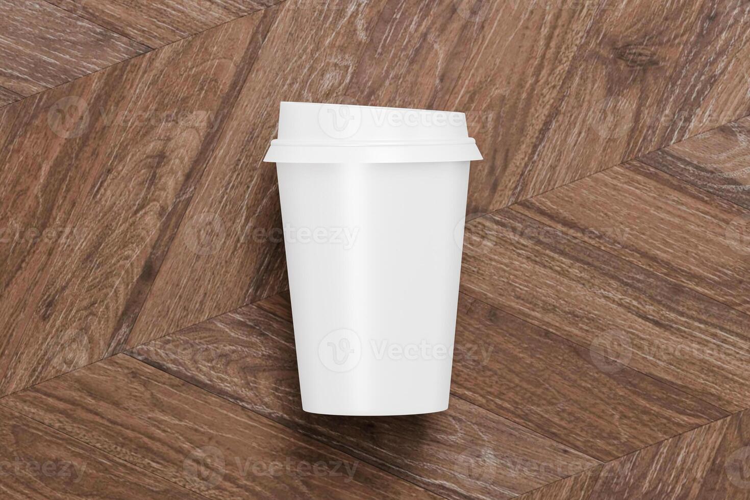 White coffee cup for branding design mockup presentation, minimalist blank rendering close up on aesthetic wooden table photo