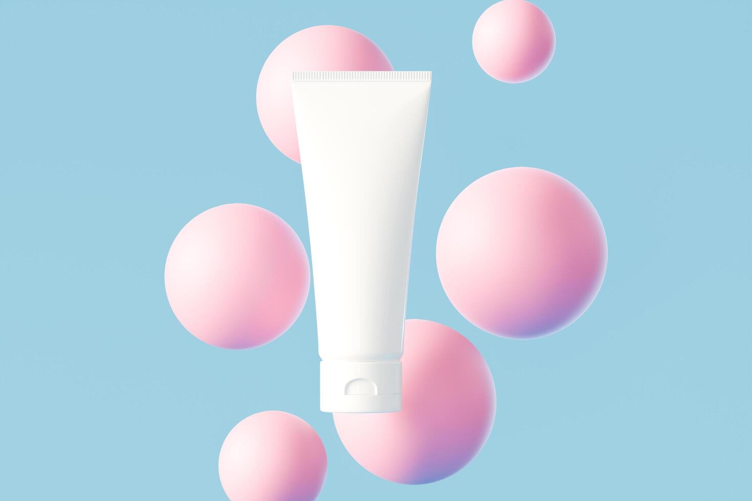 isolated squeeze tube on a pink coloured float, blue background, 3d rendering to show a cosmetic product photo