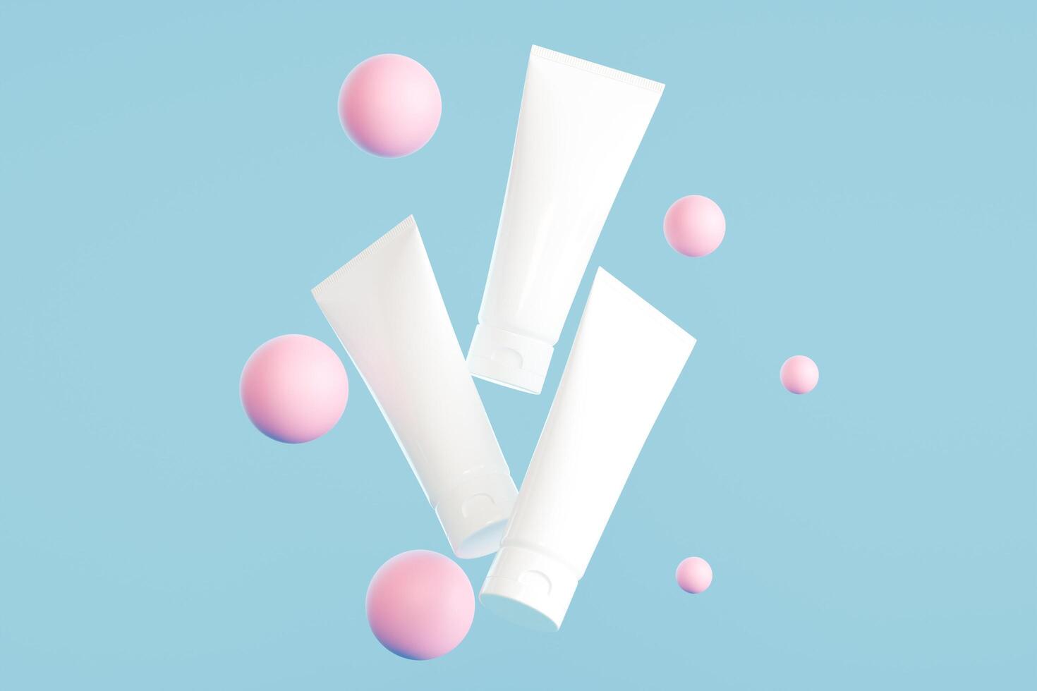 isolated squeeze tube on a pink coloured float, blue background, 3d rendering to show a cosmetic product photo