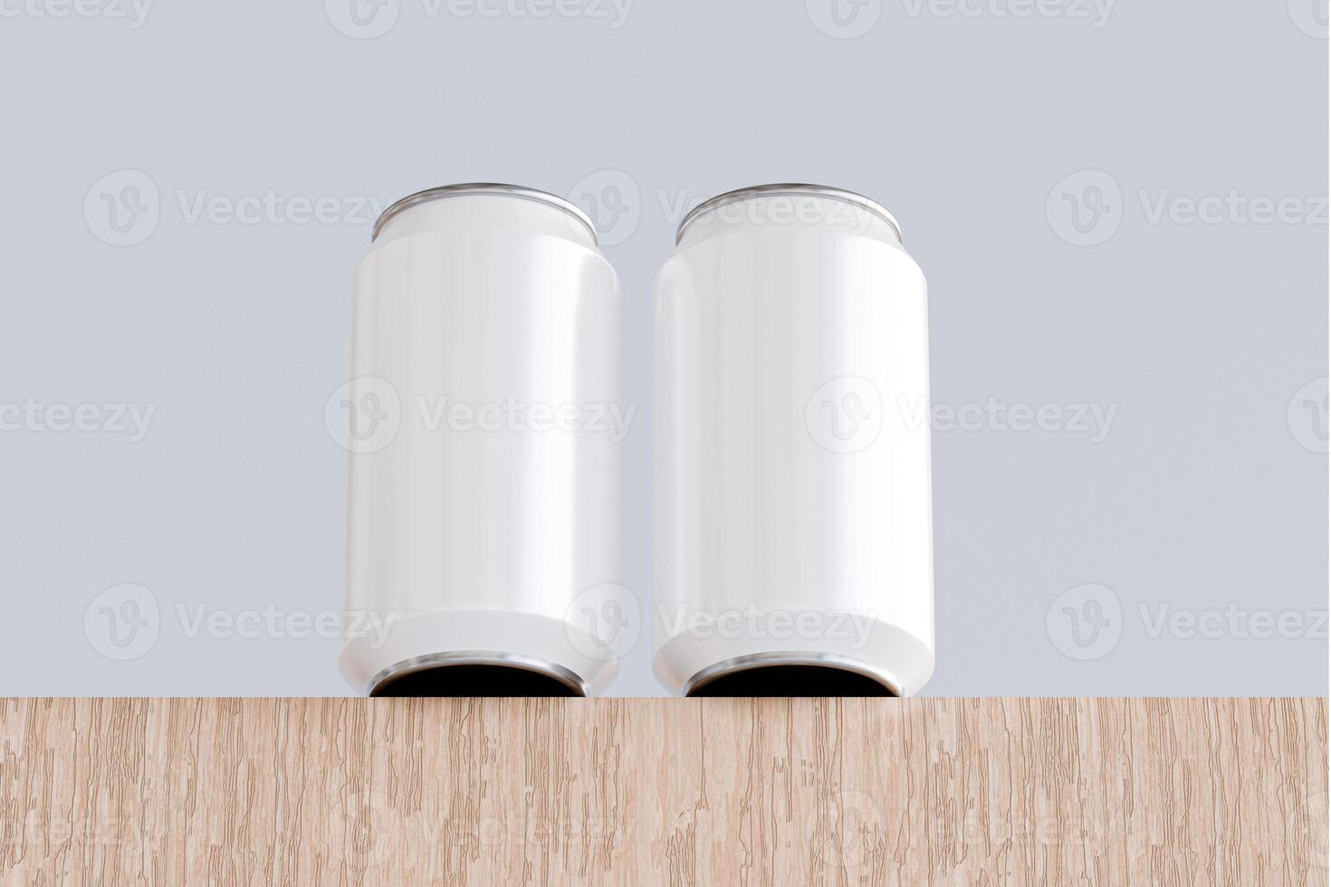 Blank mock-up of an aluminium soda can on wooden with an isolated white background. 3D rendering for showcase product photo