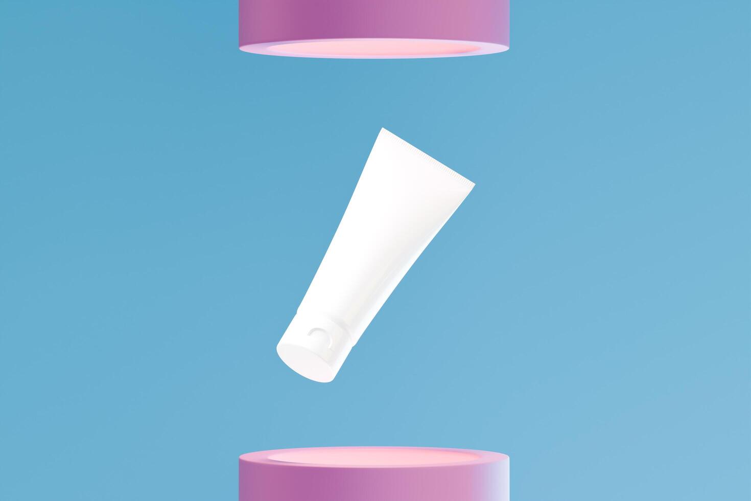 isolated squeeze tubes on a pink podium, blue background, 3d rendering to showcase cosmetic products photo