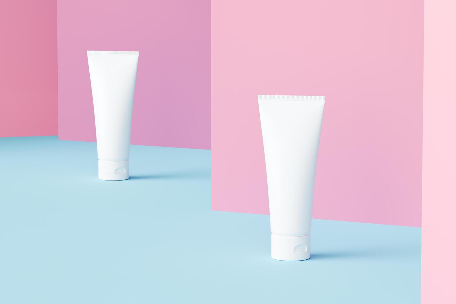isolated squeeze tubes set against a pink wall and blue floor, 3d rendering to showcase cosmetic products photo