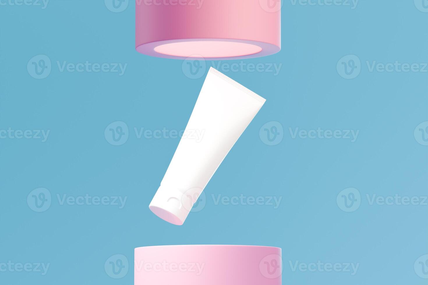 isolated squeeze tubes on a pink podium, blue background, 3d rendering to showcase cosmetic products photo