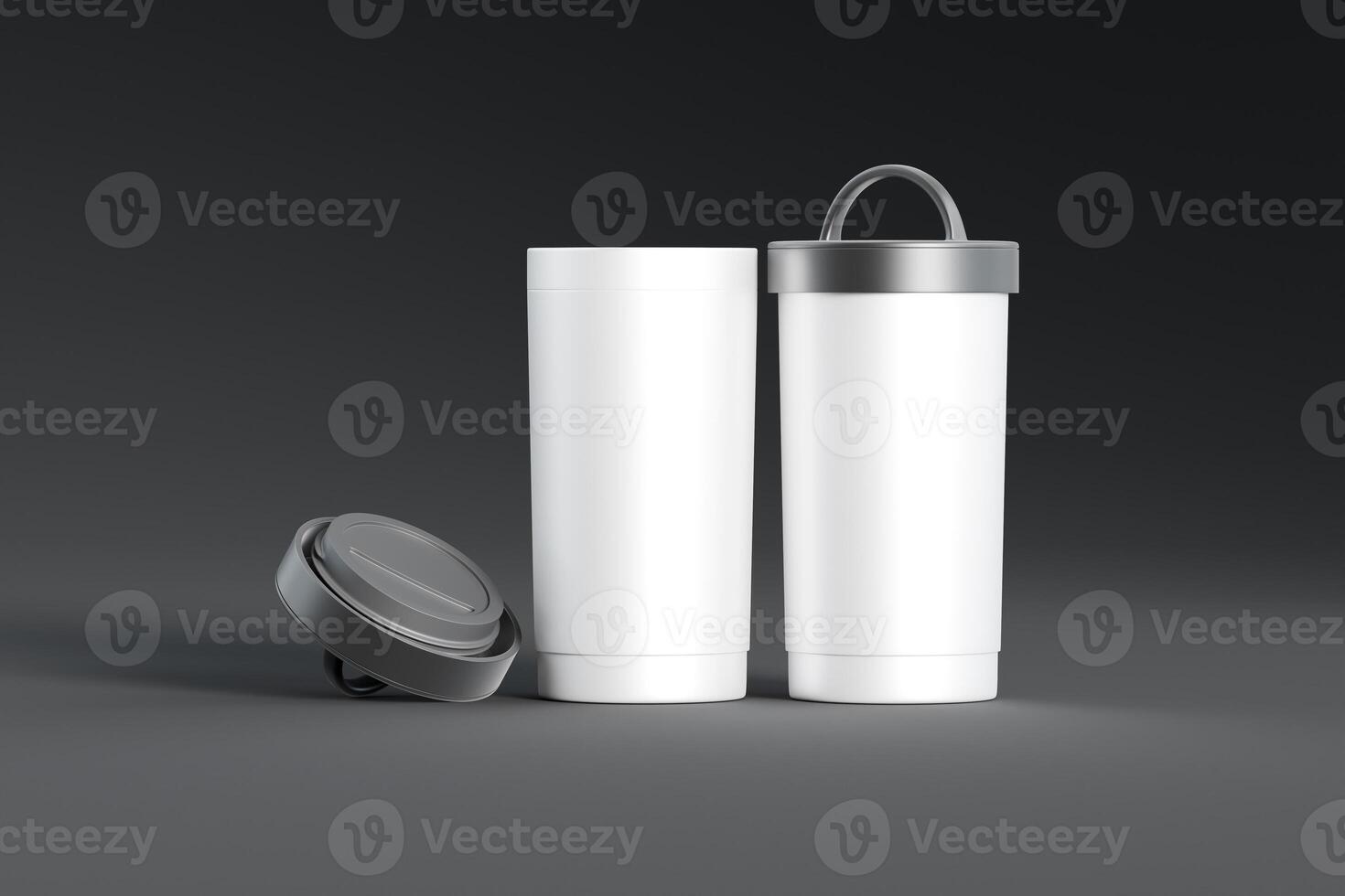 Isolated tumblers in white and with black plastic or rubber lids. Stainless Steel Double Wall Vacuum Insulated Tumbler Glass. black and dark background with 3d rendering of the highest quality photo