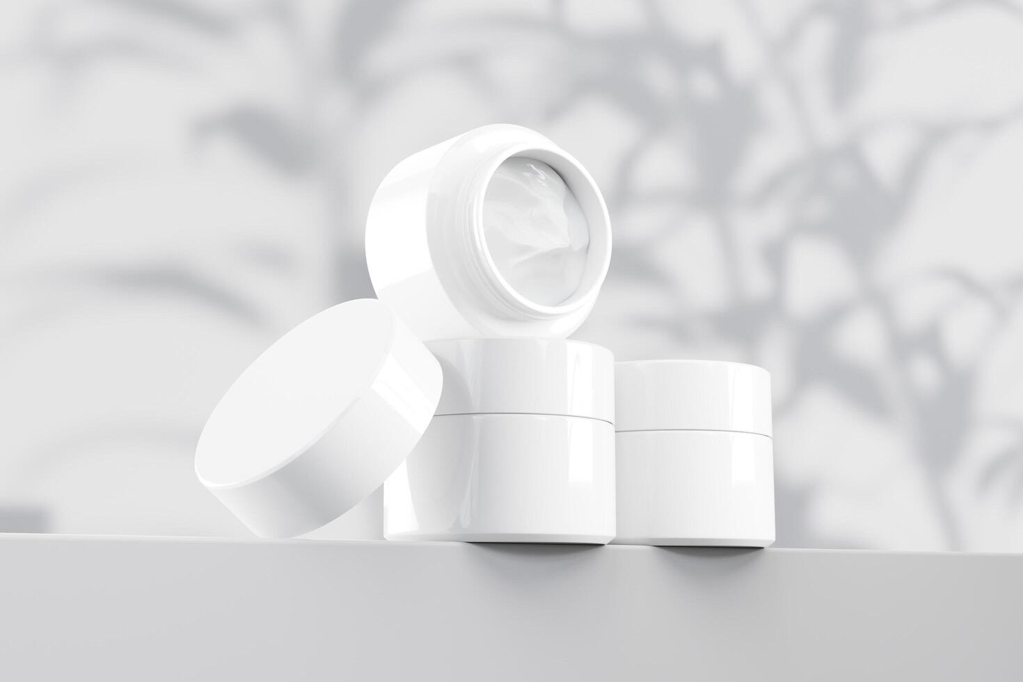 White cosmetic jar mockup with cap, Blank Jar Packaging 3d rendering isolated on light background photo