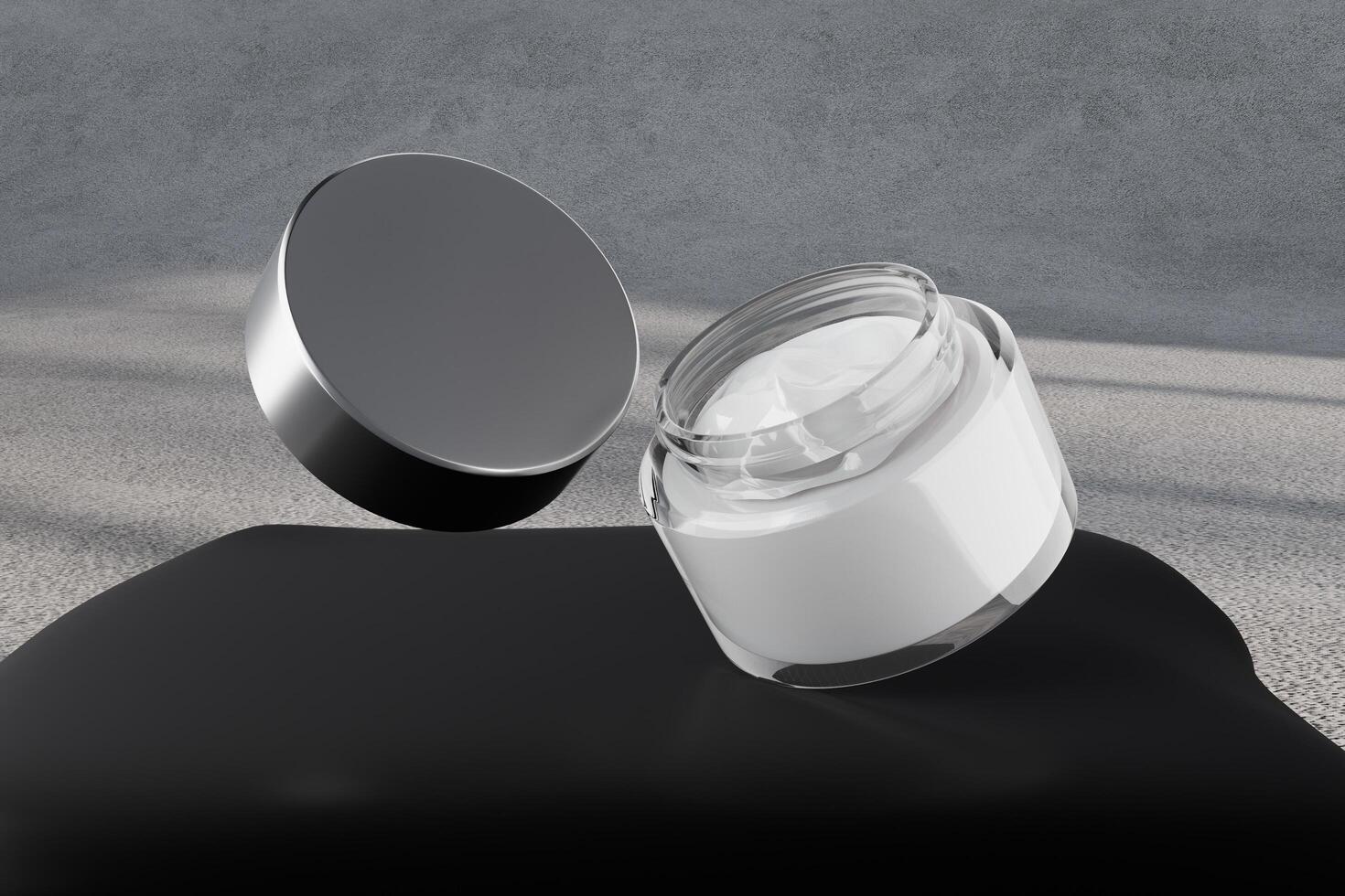 Blank packaging clear cosmetic cream pot or glass jar isolated on podium or Concrete background photo