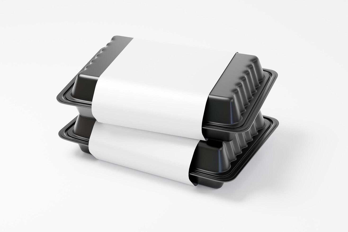 Empty black plastic disposable take out container 3d rendering isolated mockup white background photo