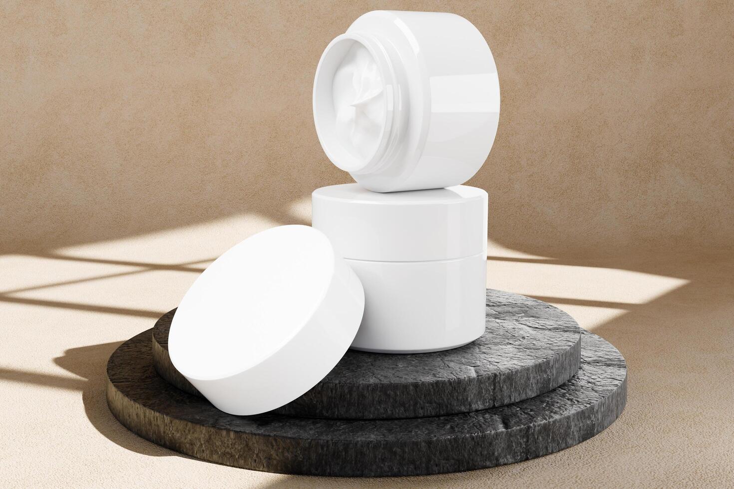 Skincare jar with cosmetic lid isolated on beige background. Hyaluronic isolated 3D rendering photo