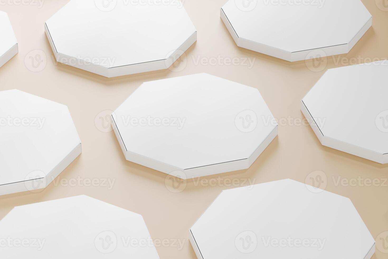Stacked octagon pizza boxes with 3d abtrack with closed box front view. Beige coloured background Isolated white object, perfect for displaying product brand. 3d rendering of the highest quality photo