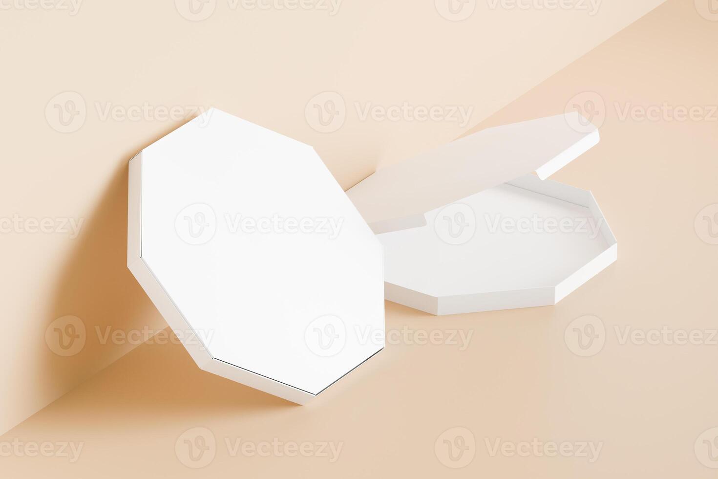 Stacked octagon pizza boxes with 3d abtrack with closed box front view. Beige coloured background Isolated white object, perfect for displaying product brand. 3d rendering of the highest quality photo