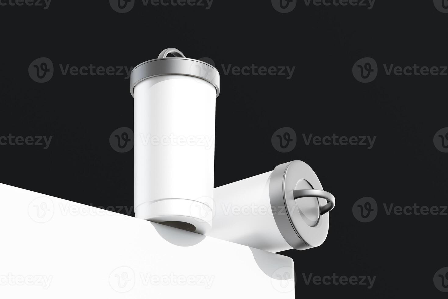 Isolated tumblers in white and with black plastic or rubber lids. Stainless Steel Double Wall Vacuum Insulated Tumbler Glass. black and dark background with 3d rendering of the highest quality photo