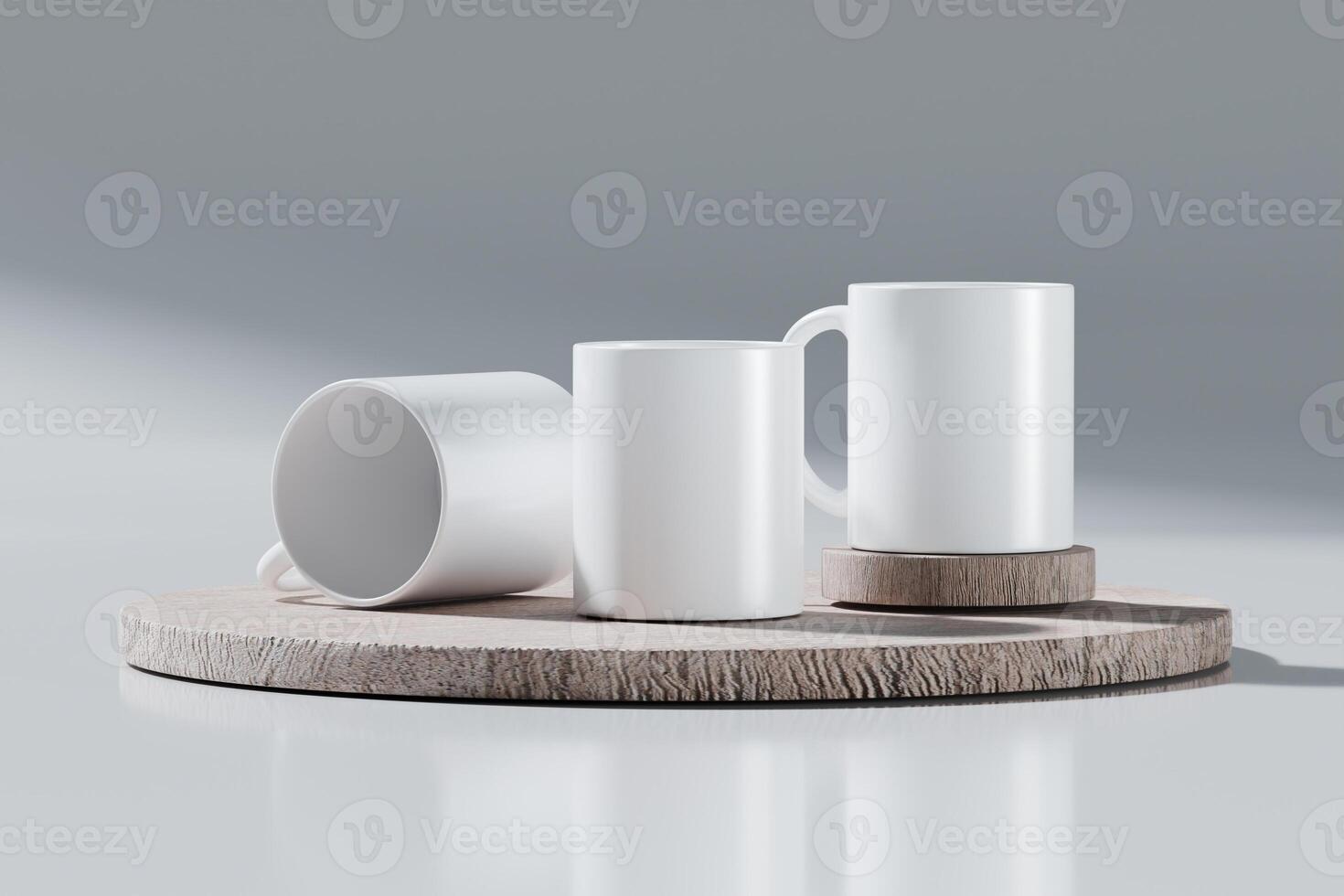 Mock-up of an empty white cup on a wooden podium with a white background. 3D rendering for product display photo