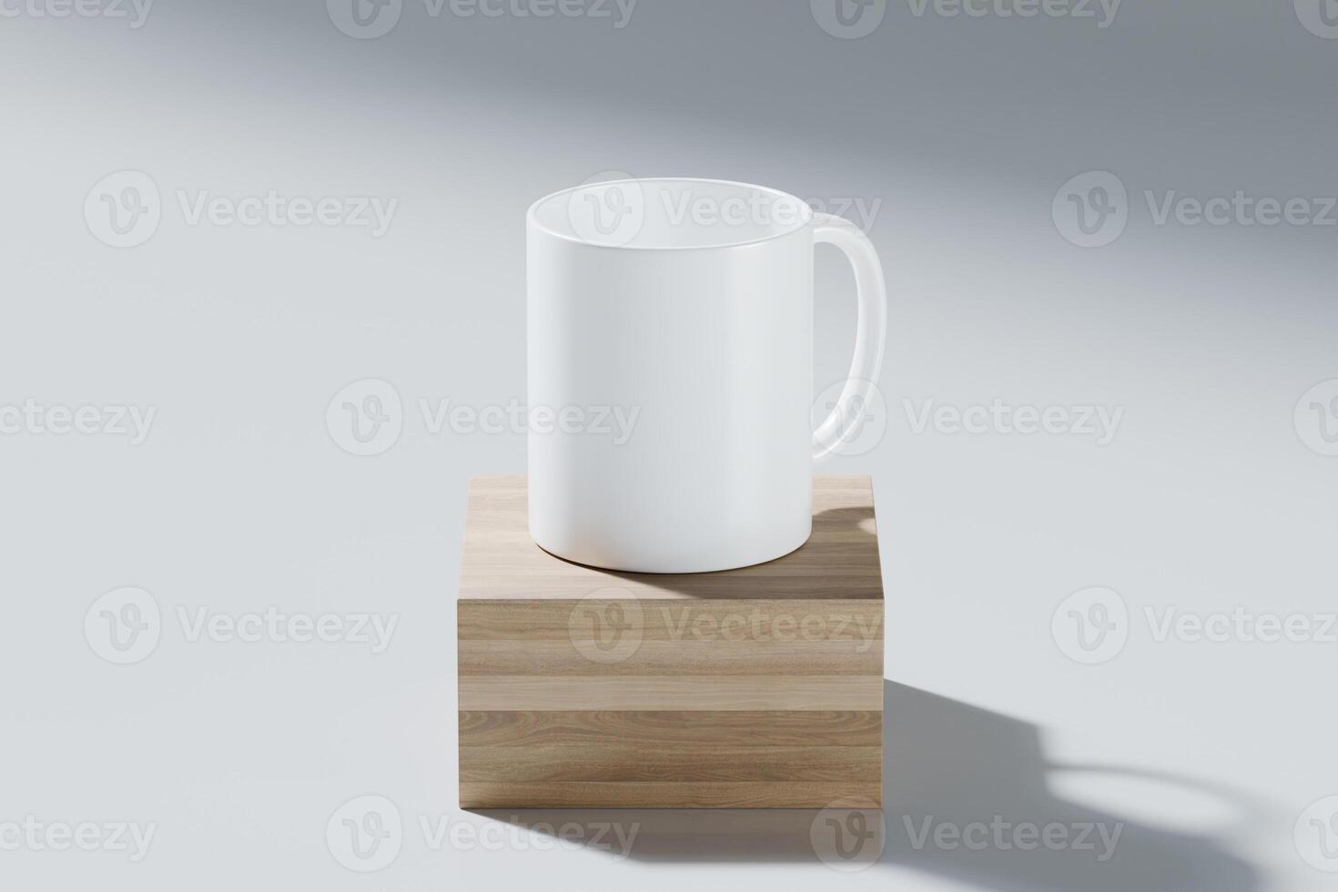 Mock-up of an empty white cup on a wooden podium with a white background. 3D rendering for product display photo