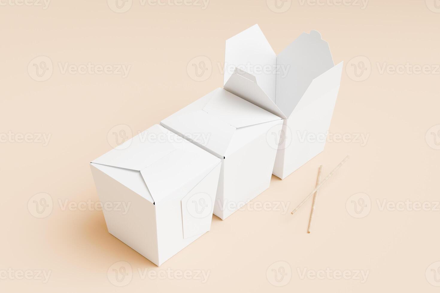 Set of food box isolated laying down behind white blank color on solid beige background with wood chopstick single use disposable packaging for mock-up 3D rendering photo