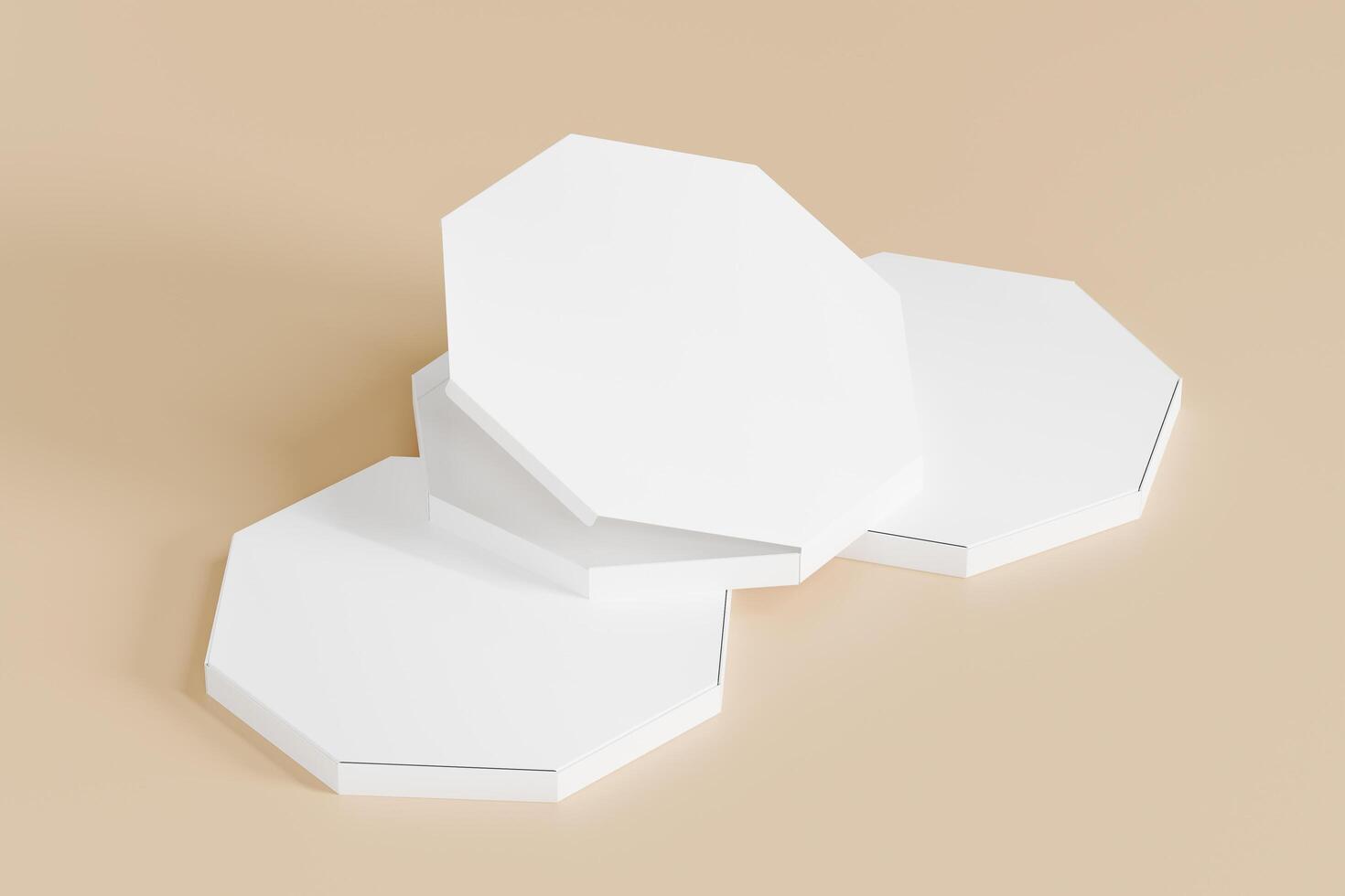 Stacked octagon pizza boxes with 3d abtrack with closed box front view. Beige coloured background Isolated white object, perfect for displaying product brand. 3d rendering of the highest quality photo