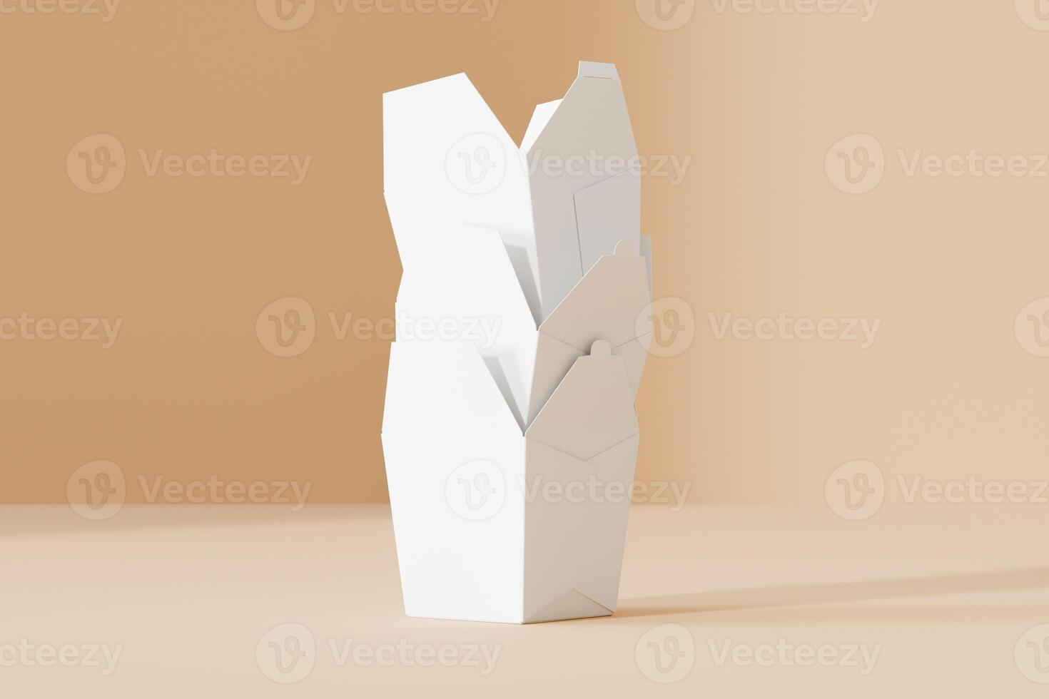 Set of food box isolated laying down behind white blank color on solid beige background with wood chopstick single use disposable packaging for mock-up 3D rendering photo
