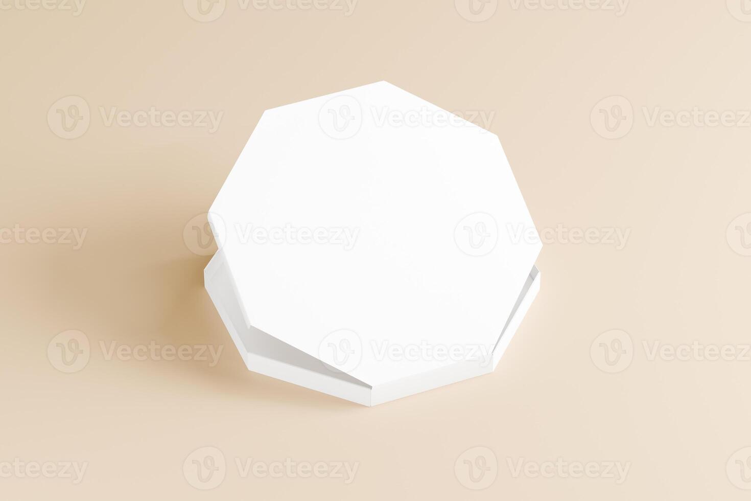Stacked octagon pizza boxes with 3d abtrack with closed box front view. Beige coloured background Isolated white object, perfect for displaying product brand. 3d rendering of the highest quality photo