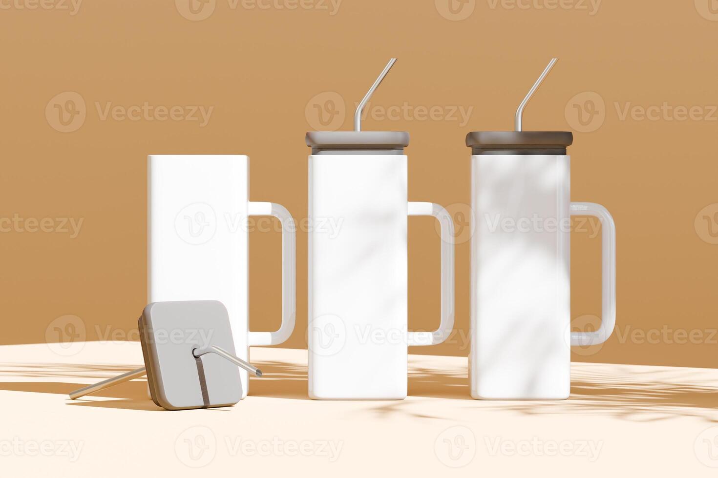 Custom glass coffee cups, white square glass cups with black rubber lids and iron straws on a beige background with leaf images on the glass cups. 3D rendering for product display photo