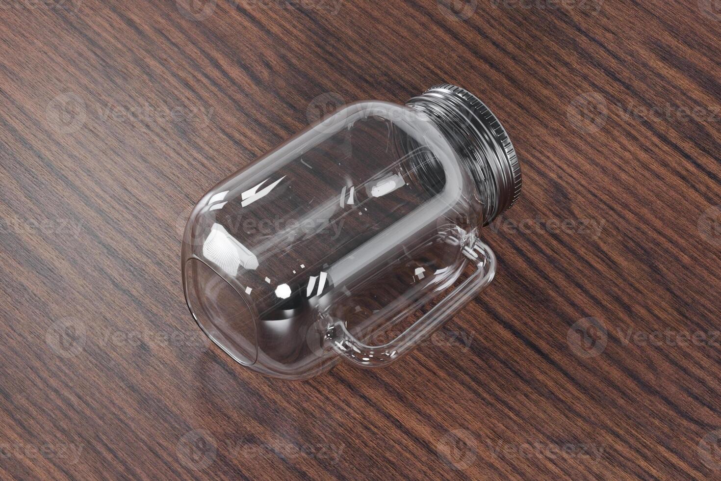Transparent glass mug jar with stainless steel metal lid and handle placed on a wooden table. Suitable for branding your product with quality 3d rendering. Empty drinking glass, realistic mock-up photo