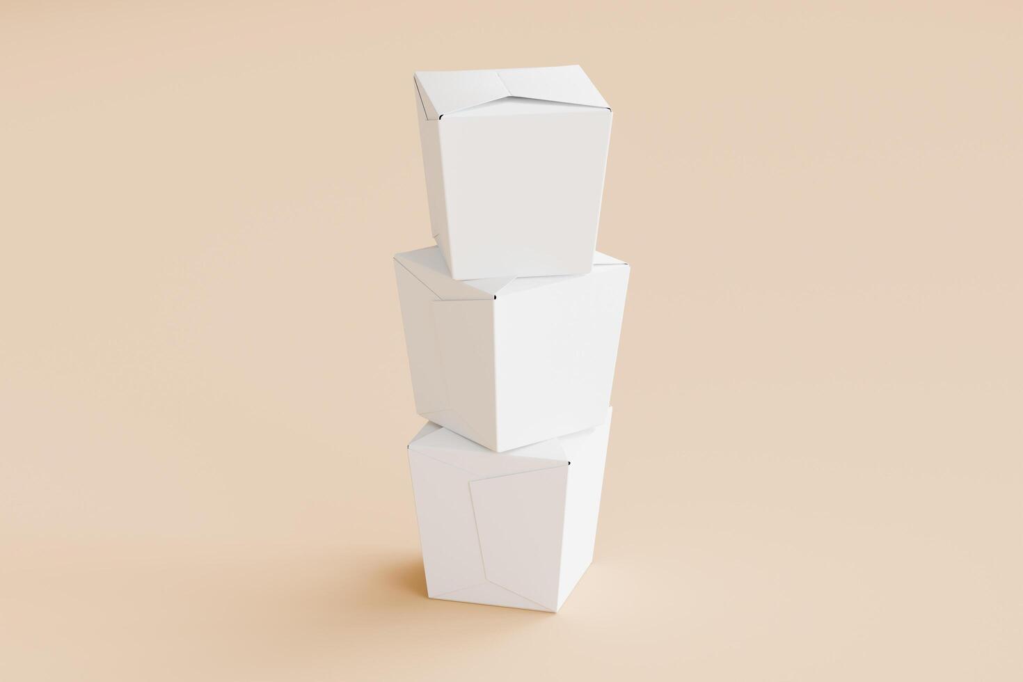 Set of food box isolated laying down behind white blank color on solid beige background with wood chopstick single use disposable packaging for mock-up 3D rendering photo