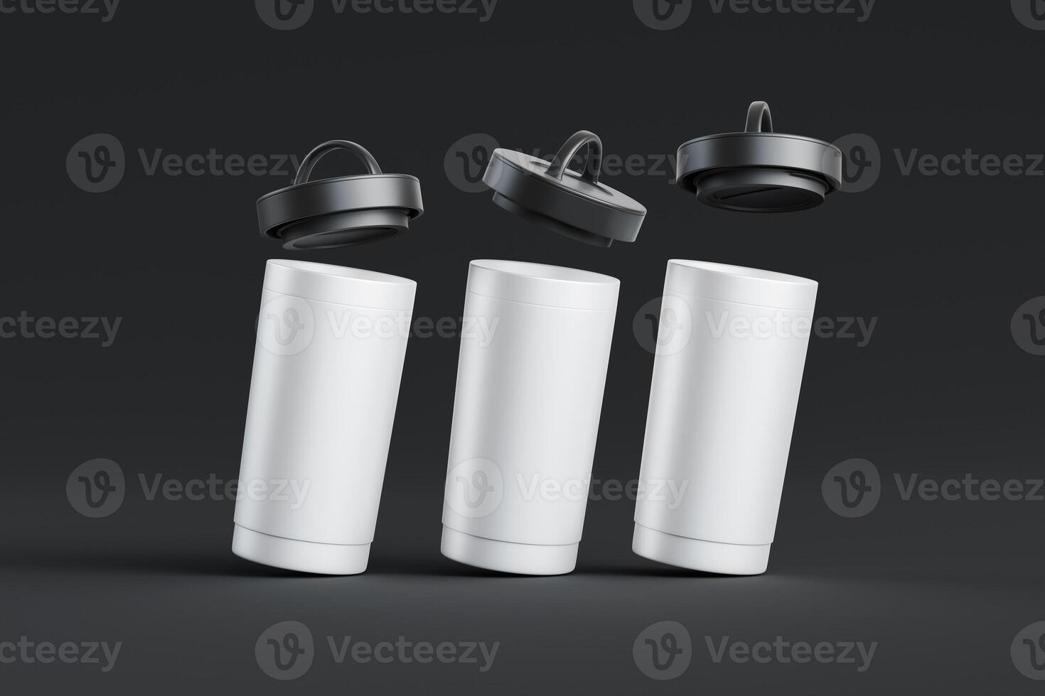 Isolated tumblers in white and with black plastic or rubber lids. Stainless Steel Double Wall Vacuum Insulated Tumbler Glass. black and dark background with 3d rendering of the highest quality photo