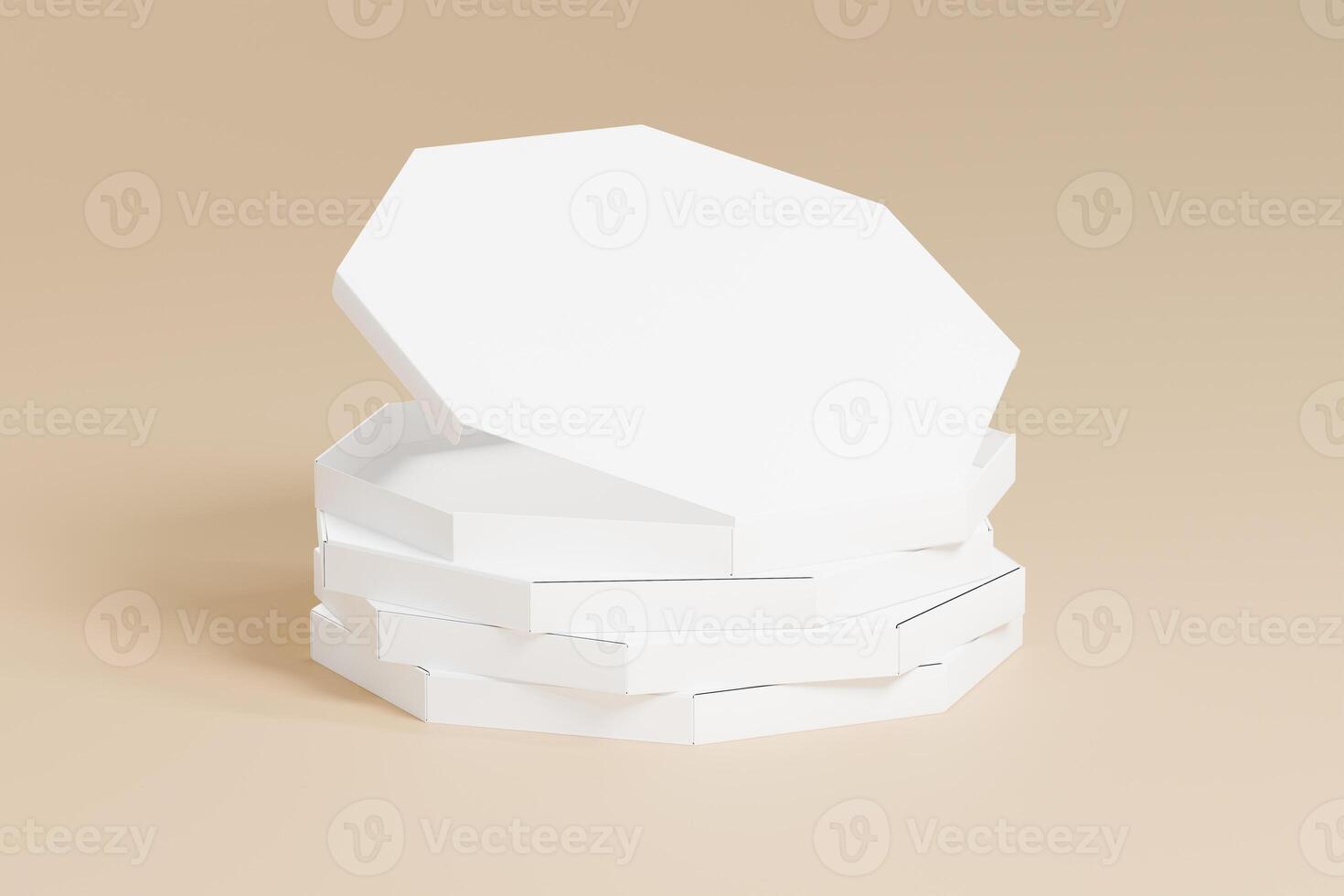 Stacked octagon pizza boxes with 3d abtrack with closed box front view. Beige coloured background Isolated white object, perfect for displaying product brand. 3d rendering of the highest quality photo