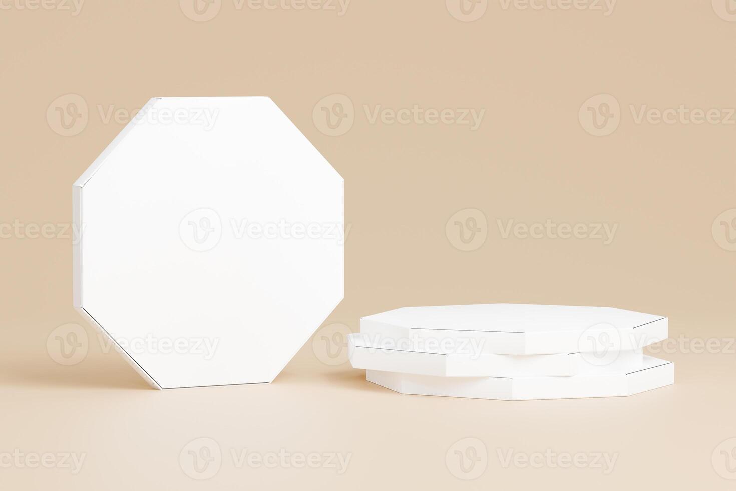 Stacked octagon pizza boxes with 3d abtrack with closed box front view. Beige coloured background Isolated white object, perfect for displaying product brand. 3d rendering of the highest quality photo