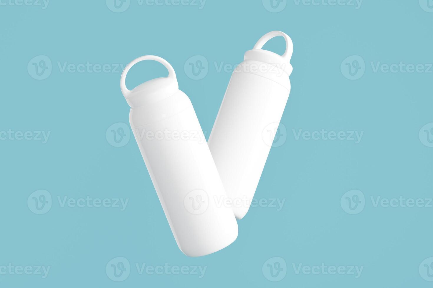 White sport tumblers with a minimalist design on a blue background, Vacuum insulated with a round handle that is comfortable to hold. perfect for walking or travelling. 3d rendering to showcase photo
