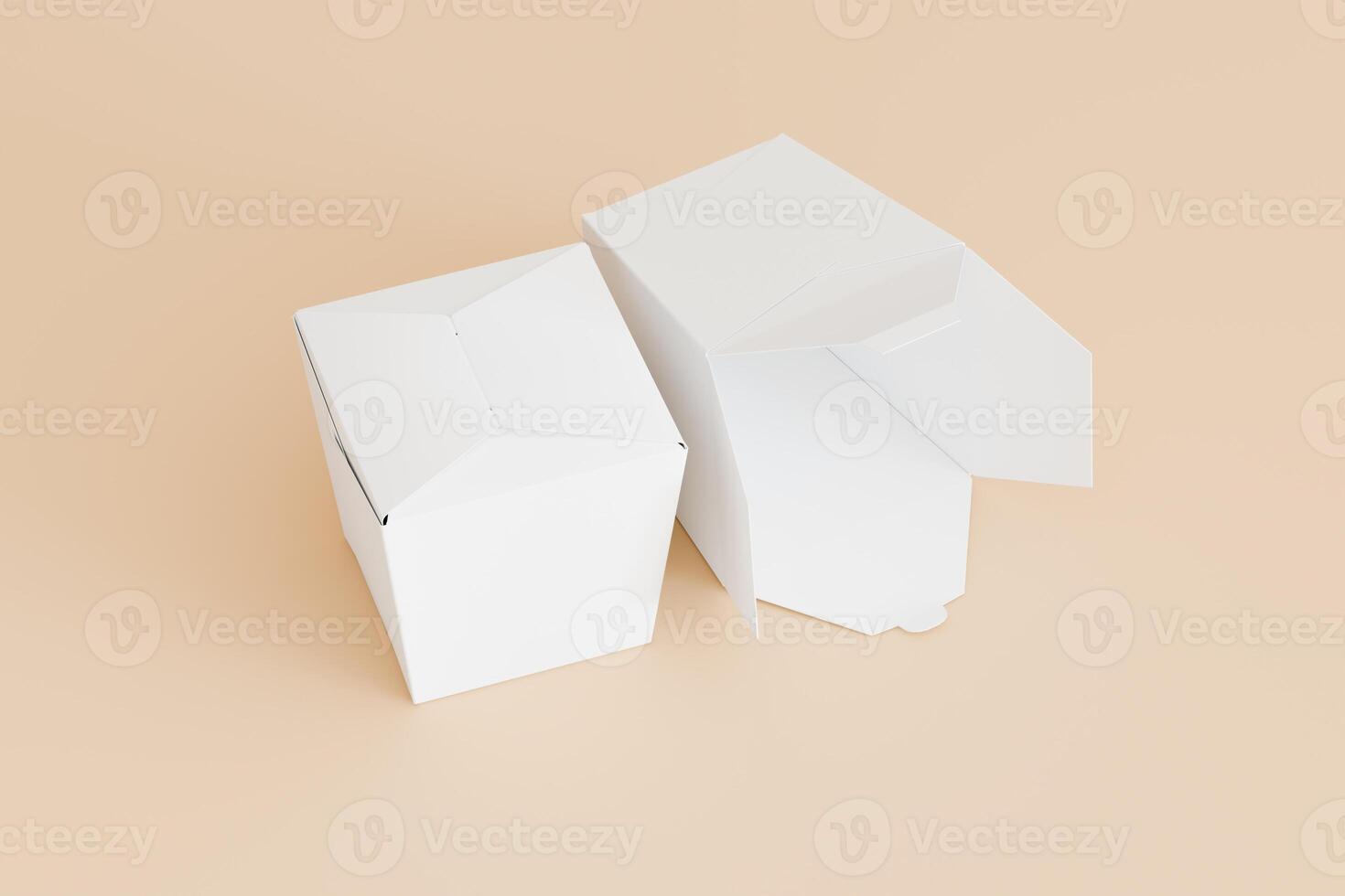 Set of food box isolated laying down behind white blank color on solid beige background with wood chopstick single use disposable packaging for mock-up 3D rendering photo
