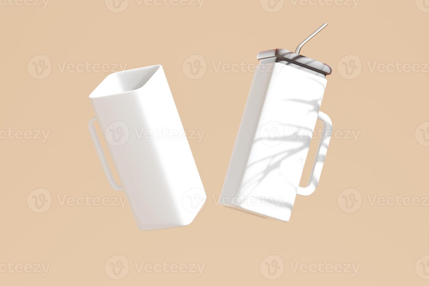 Custom glass coffee cups, white square glass cups with black rubber lids and iron straws on a beige background with leaf images on the glass cups. 3D rendering for product display photo