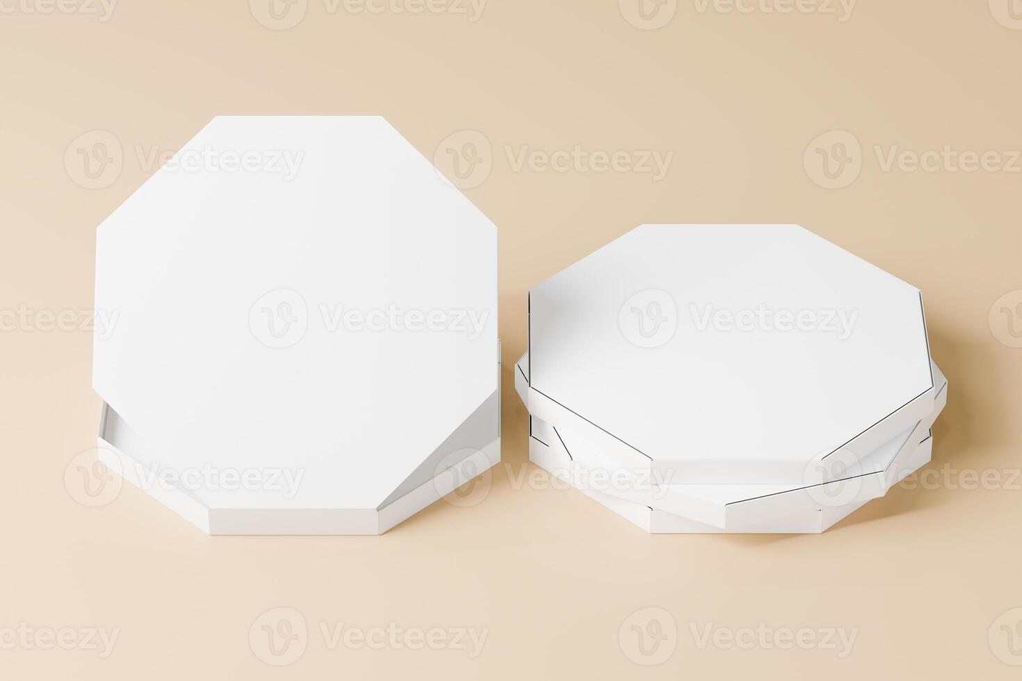 Stacked octagon pizza boxes with 3d abtrack with closed box front view. Beige coloured background Isolated white object, perfect for displaying product brand. 3d rendering of the highest quality photo