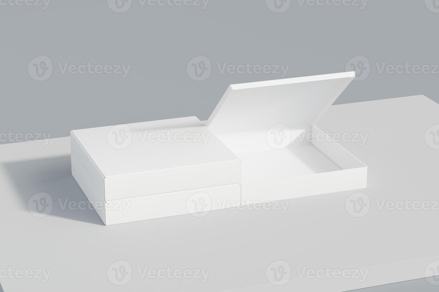 Square pizza boxes in half open and closed state with front view to showcase food products with white background theme, your product branding and 3d rendering illustration isolated photo