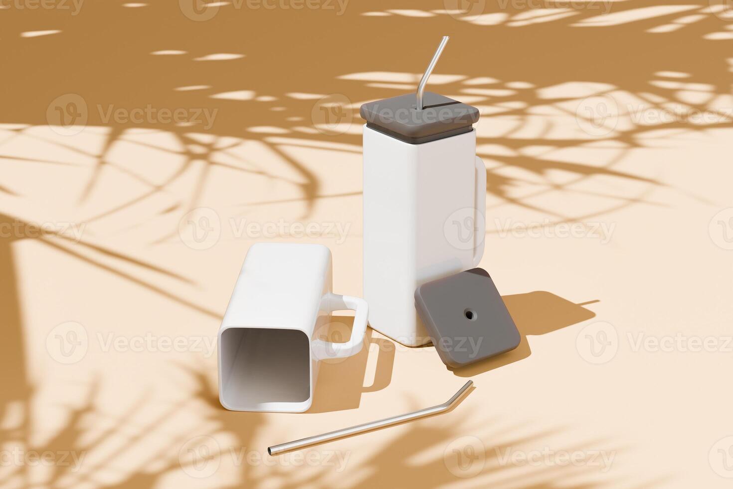 Custom glass coffee cups, white square glass cups with black rubber lids and iron straws on a beige background with leaf images on the glass cups. 3D rendering for product display photo