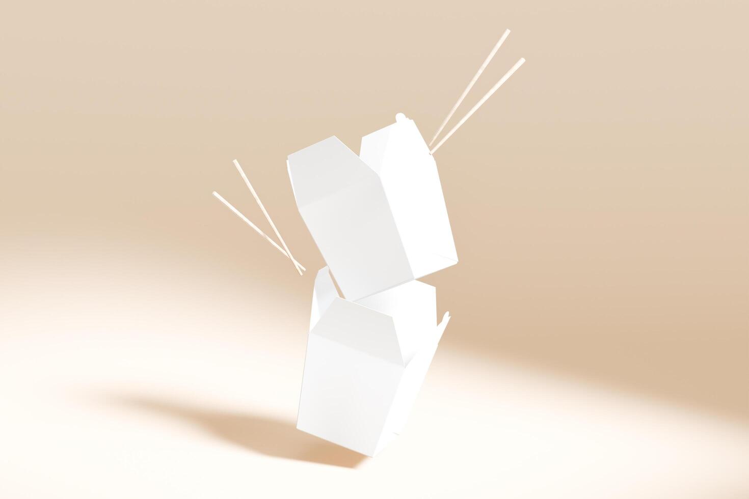 Set of food box isolated laying down behind white blank color on solid beige background with wood chopstick single use disposable packaging for mock-up 3D rendering photo