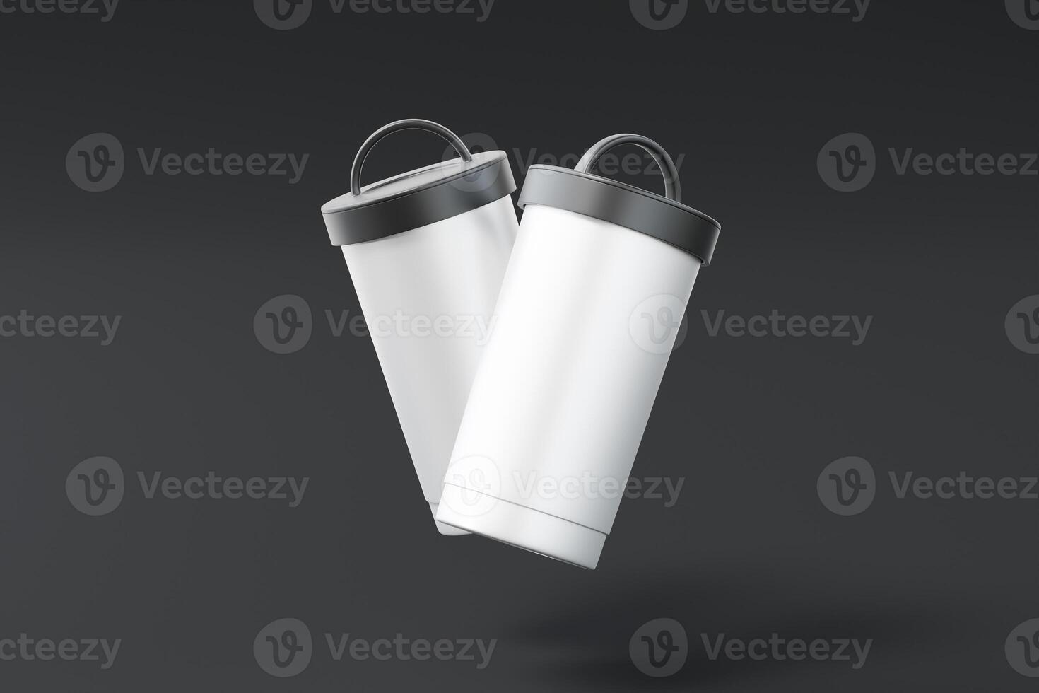 Isolated tumblers in white and with black plastic or rubber lids. Stainless Steel Double Wall Vacuum Insulated Tumbler Glass. black and dark background with 3d rendering of the highest quality photo
