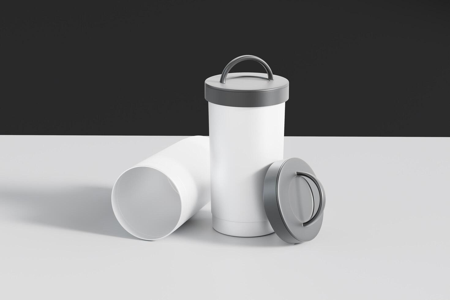Isolated tumblers in white and with black plastic or rubber lids. Stainless Steel Double Wall Vacuum Insulated Tumbler Glass. black and dark background with 3d rendering of the highest quality photo