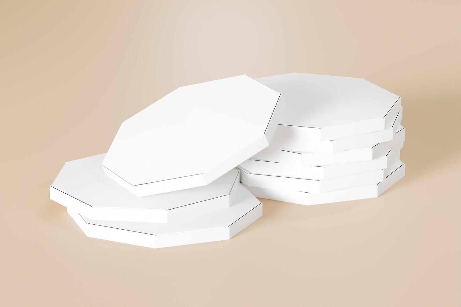 Stacked octagon pizza boxes with 3d abtrack with closed box front view. Beige coloured background Isolated white object, perfect for displaying product brand. 3d rendering of the highest quality photo