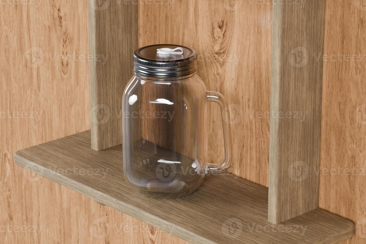 Transparent glass mug jar with stainless steel metal lid and handle placed on a wooden table. Suitable for branding your product with quality 3d rendering. Empty drinking glass, realistic mock-up photo